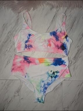 Tie-Dye Two-Piece Swim Set in Neon Watercolor